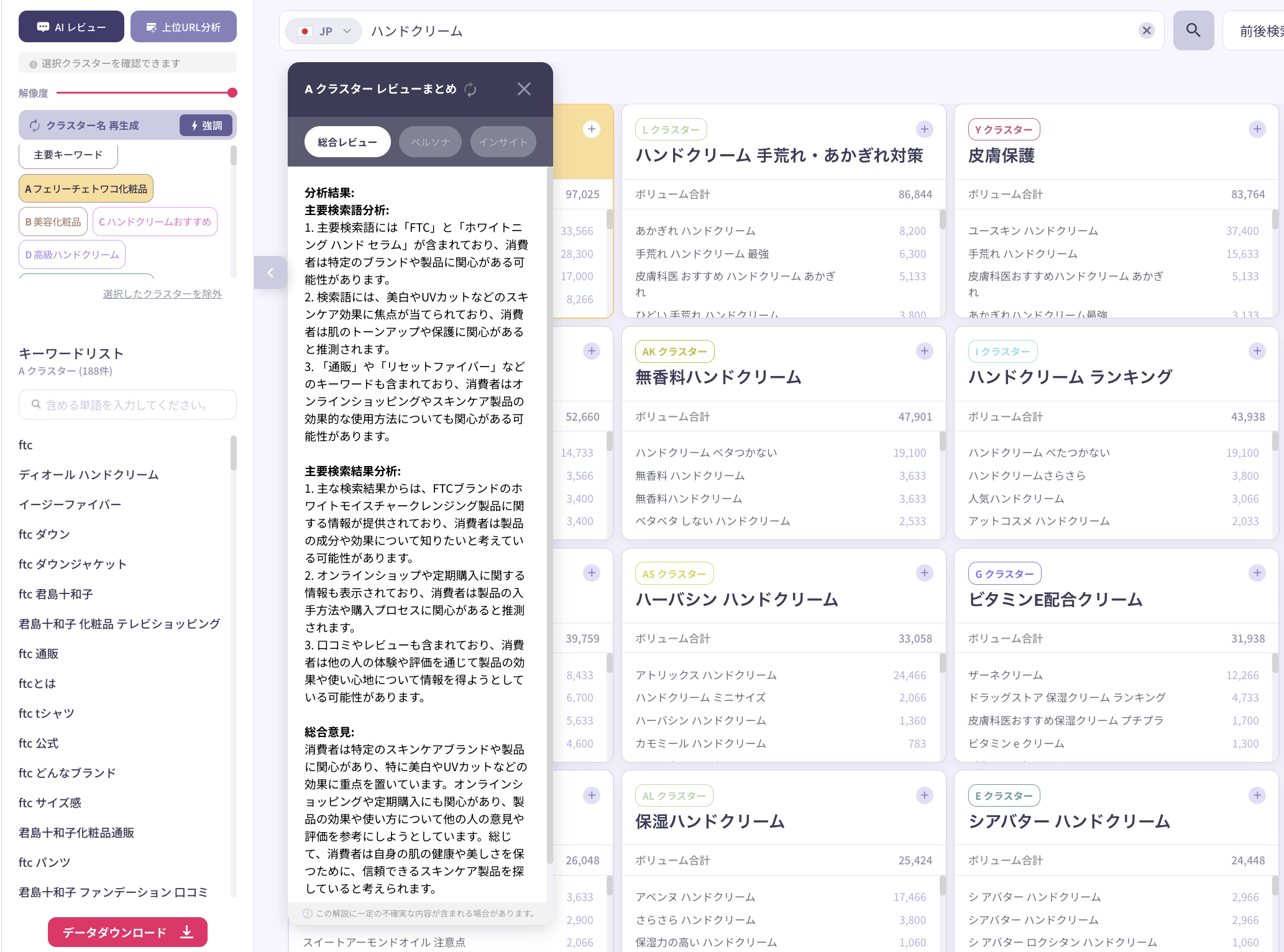 ListeningMind_クラスターファインダー_ハンドクリーム_AIレビュー
